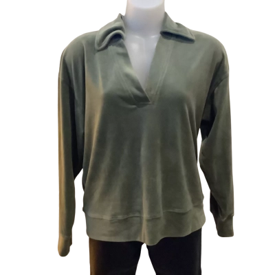 Araminta James.   Velour  V-Neck Polo Style Sweater.  Thyme Green   Size XS 