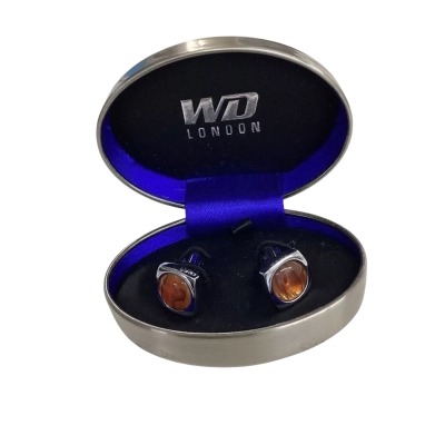 WD London Silver-Tone Orange Cabochon-Style Cufflinks with Presentation Case