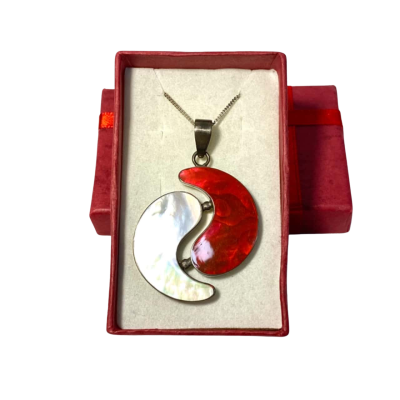 925 Sterling Silver Red & White Mother of Pearl Pendant Necklace