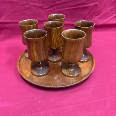 Hand Crafted in Australia Jarrah Wood - Wooden Tray with Six Footed Cups 