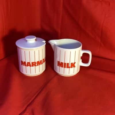 Hornsea England “Red Stripe” Milk Jug & Lidded Marmalade Pot