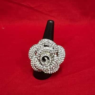  Women's Clear Rhinestone Floral Statement Ring on an Elasticated Band