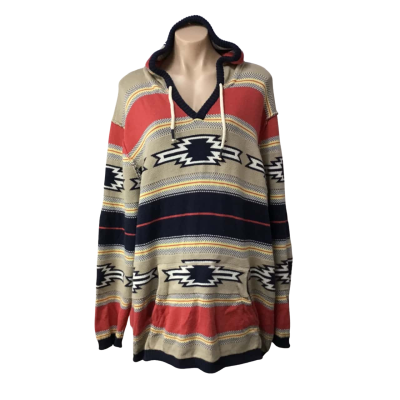 Ghanda Womens Size XL Beige / Navy Blue / Orange / White / Yellow Pattern Hooded Jumper 