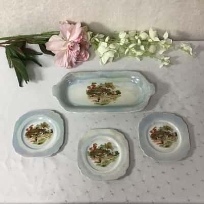 Vintage Empire Ware Iridescent English Country Scene Porcelain 3 x Square Plates & Sandwich Plate
