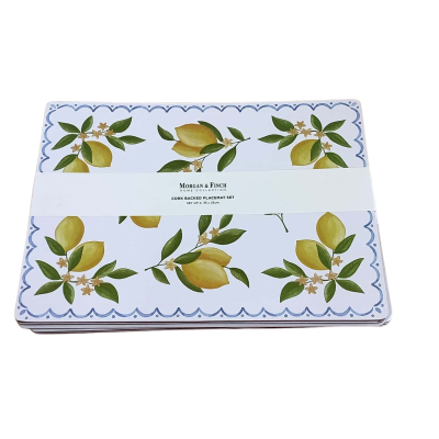 Brand New Morgan & Finch Cork Back Placemat Set Lemon Print 
