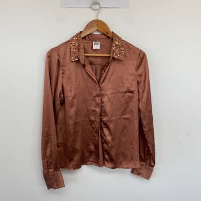 Vero Moda Rose Satin Sequin Embellished Long SLeeve Shirt  Size S 
