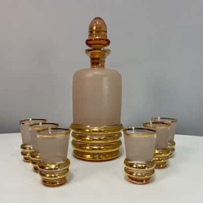 Vintage Spirit Bottle & 6 shot glasses, Frosted With gold stripes