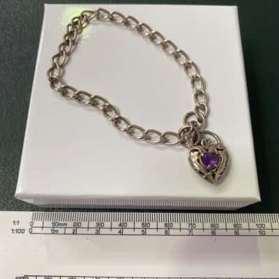  Womens Sterling Silver Locket Bracelet with Purple Stone
