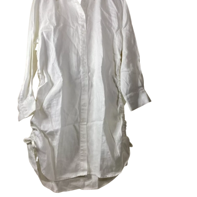 Country Road Womens  Size 8 White Country Road Tie Detail Tunic Dress. Crafted from a pure linen fabrication with a subtle self-stripe effect, this longline shirt style features a button-through front and unique side-seam drawcords that allow you to 