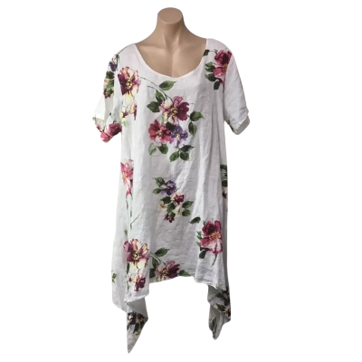 Womens One Size White / Pink / Purple  / Green / Yellow Floral Linen Short Sleeve Beach Dress  
