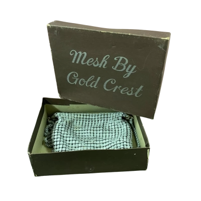 Vintage-Style Gold Crest Mesh Handbag Grey in Original Box