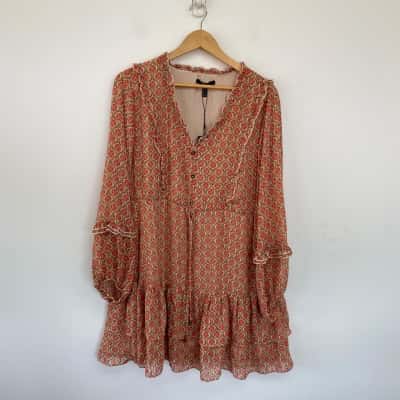 Gysette Beige Red Pattern Long Sleeve Mini Dress Size 14 