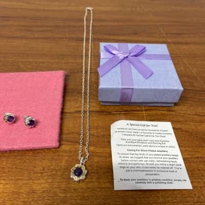 Amethyst and silver plated necklace and earring gift set