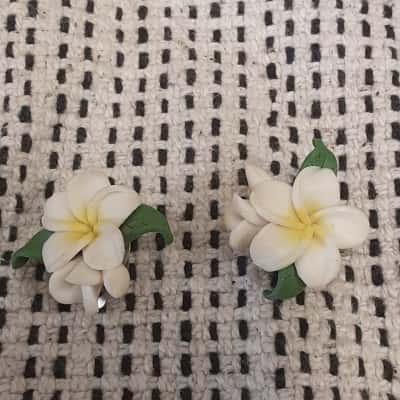  Womens Earrings Cream  and  Green Beach inspired frangipani clip-on style earrings