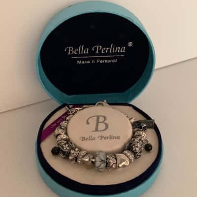 Bella Perlina Black, Grey, White and Silver Charm Bracelet - New in Box