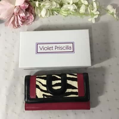 Violet Priscilla Plum Red / Black Leather Wallet with Zebra print Trim (boxed)