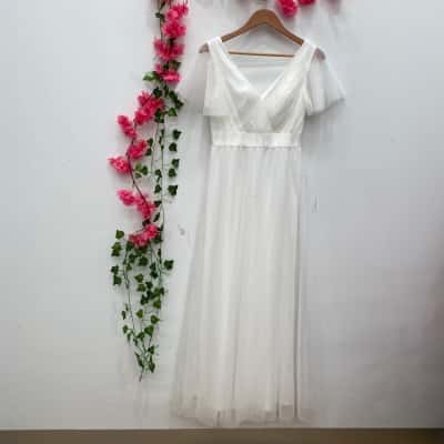 Ever Pretty Womens Double V-Neck Floor-Length Short Sleeve Tulle Bridesmaid Dress Size 10 / M White 