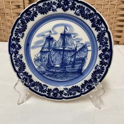 Vintage Delfts Blue Scalloped Edge Sailing Ship Collectors Wall Plate