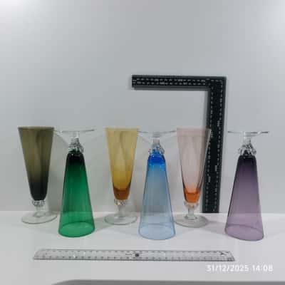 6x Vintage Murano Style Blown Glass Champagne Flutes Assorted Colours 
