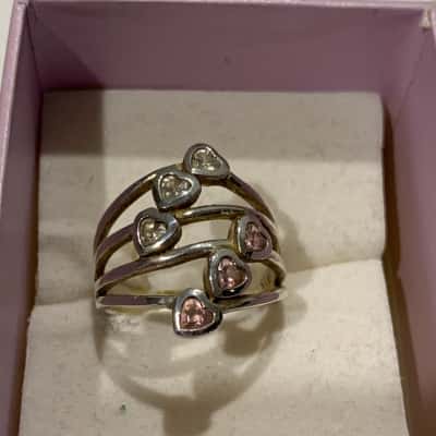 Sterling Silver Cascading Hearts Ring - Pink & Clear CZ - Size O-P