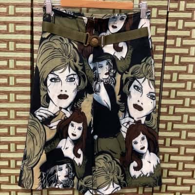 Sandro Women's Size 10 Graphic Girls Faces Vintage Skirt Midi comic pop-art 