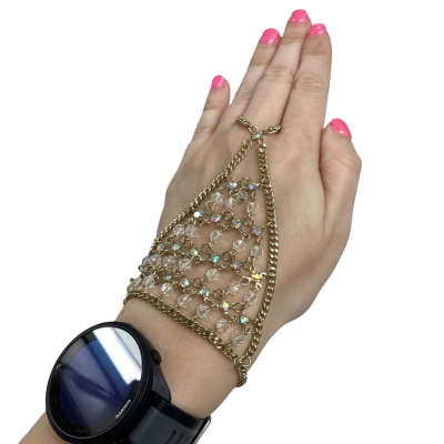 Gold-Tone Hand Chain Bracelet with Iridescent Beads