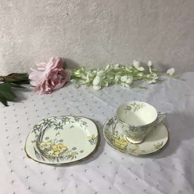 Vintage Royal Stafford Yellow Floral Bone China Cup Saucer & Plate