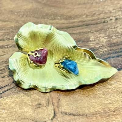 Vintage Gold Leaf Brooch w/ 2 Tumbled Stones