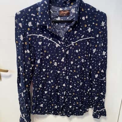 Wrangler Womens  Size 10 Long Sleeve Shirt Navy Blue / White / Yellow 