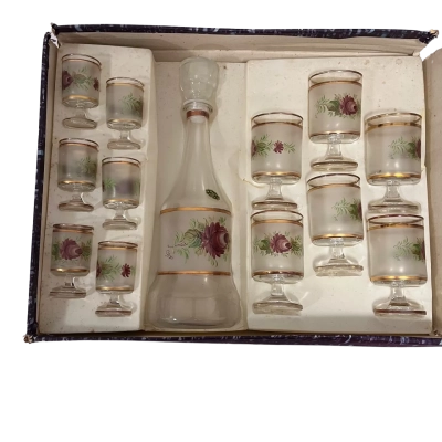 Vintage Italian Hand-Painted Frosted Glass Decanter & 10 Liqueur Glass Set with Gilt Trim