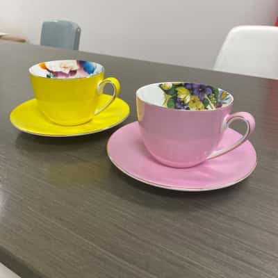 Pink and Yellow Cups and Saucers