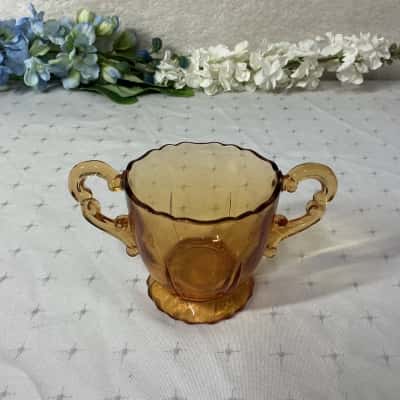 Vintage Amber Glass Double Handle Footed Open Sugar Bowl