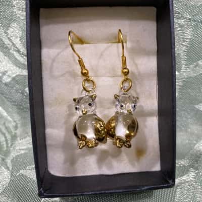  Womens Owl Earrings Gold-tone / Clear 