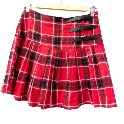 Black Friday Red Tartan Pleated Mini Skirt with Buckle Fastenings Size 10