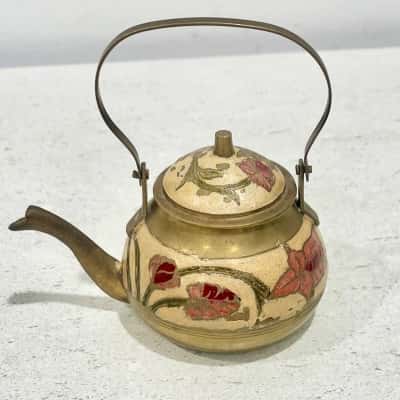 Minature Brass Teapot w/ Enameled Cloisonne Antique Flowers 