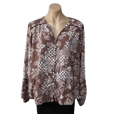 Just Jeans Womens Size 24 Brown /  White Pattern Button up Long Sleeve Top 