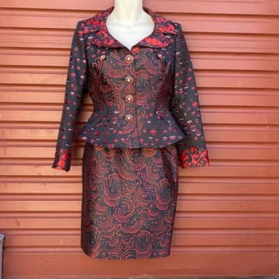  Vintage Christian Lacroix Womens Size 40 Black/Red /White Pattern Silk Blend Suit with Skirt  