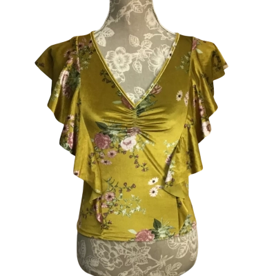 Stradivarius Womens  Size M Felt Feel Yellow & Floral Top