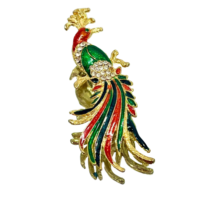Vintage Peacock Enamel Rhinstone  Red/green/gold Brooch
