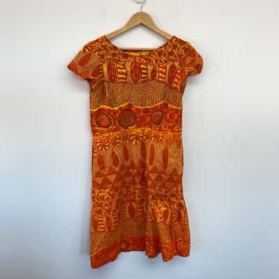 Priscilla Badari Sylvia Badari Lynne Nadjowh Katra Nganjmirra Orange Yellow Pattern Short Sleeve Dress  Size 12 / 14
