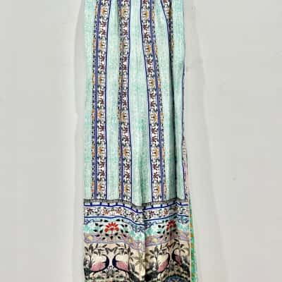 Camillia Boho Aqua Patterned SILK Blend Polazzo Peacock Motiff Wide Leg Pants Size Small 