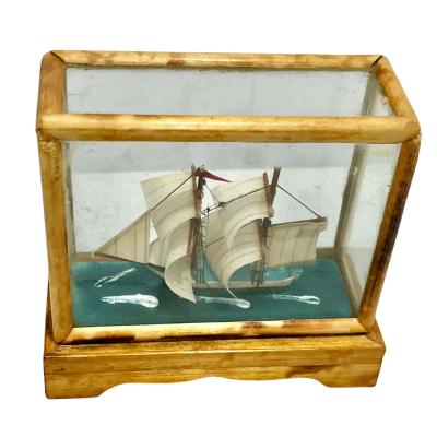 Vintage 60’s Model Sailing Boat in Glass Wooden Trim Box 