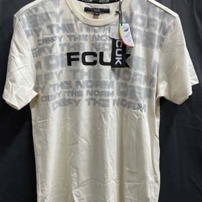  Fcuk Mens Size M Cream/Grey Tee