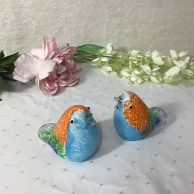 Pair of Hand Made Rikaro Multicoloured Pattern Glass Bird Ornaments