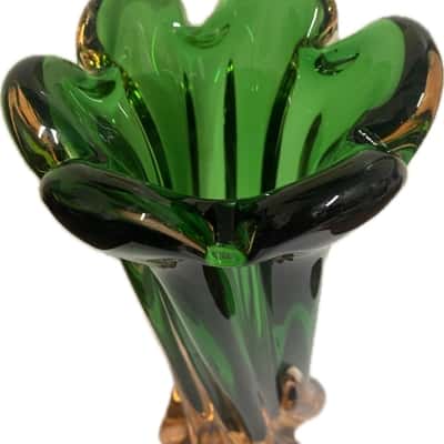 Vintage Murano Swung Art Glass Vase- Green and Pink