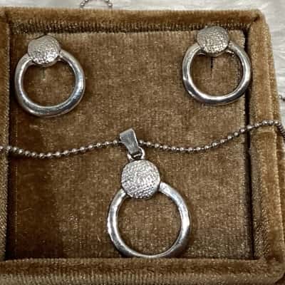  Women's Silver Gone Door Knocker Pendant Necklace with Matching Earrings 