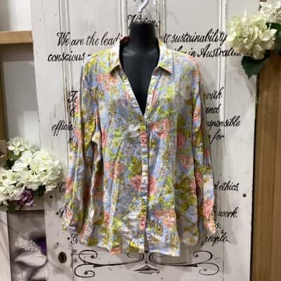 Jolie Brand! 100% LINEN SHIRT! STUNNING FLORAL PATTERNED BUTTON LINEN SHIRT! Womens  Size XL Button Up Top / Floral Top / Long Sleeve Shirt Blue / Floral / Multicoloured / Pattern 