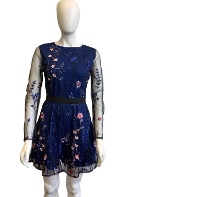 BNWT CBR Women's Label Size L Long Sleeve Mini Dress Black & Navy Blue Floral 