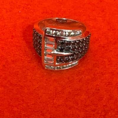  Women's 925 Silver Ring featuring a Buckle Design Paved with Black Spinel & White Cubic Zirconia