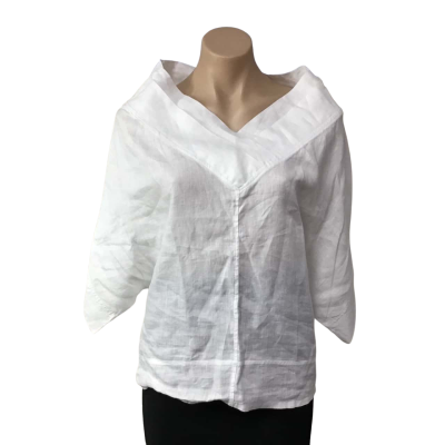 Luxmii Womens Size S White 100% Linen Short Sleeve Double V-neck Top